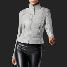 Load image into Gallery viewer, Women Trendy Gray Leather Moto Jacket
