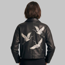 Load image into Gallery viewer, Women's Black Crane Embroidered Leather Jacket
