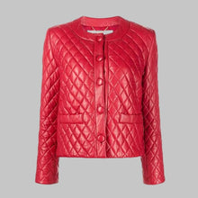 Load image into Gallery viewer, Women’s Collarless Quilted Red Leather Jacket
