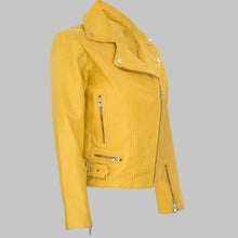 Load image into Gallery viewer, Women’s Trendy Yellow Real Leather Biker Jacket

