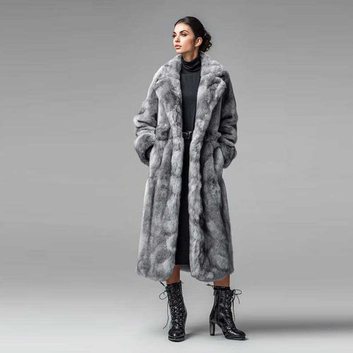 Silver Grey Genuine Mink Fur Coat Full Length Luxury Overcoat
