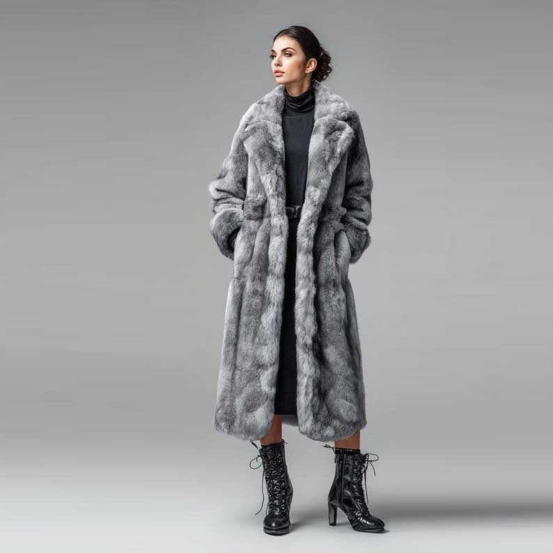 Silver Grey Genuine Mink Fur Coat Full Length Luxury Overcoat