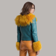 Load image into Gallery viewer, Teal Leather Biker Jacket with Yellow Fur Collar and Trim
