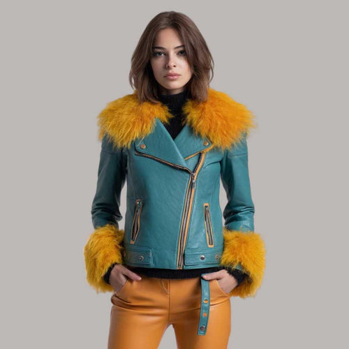Teal Leather Biker Jacket with Yellow Fur Collar and Trim