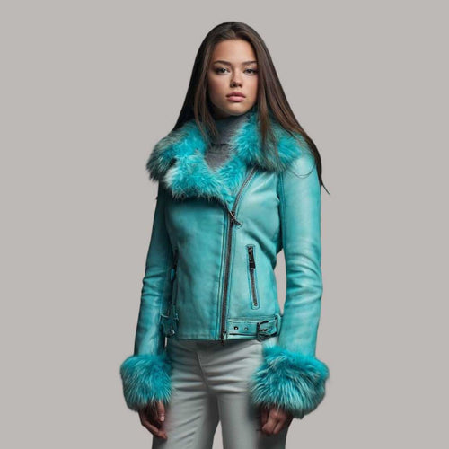 Turquoise Leather Biker Jacket with Faux Fur Trim