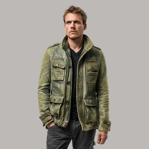 Vintage Distressed Green Leather Biker Jacket for Men
