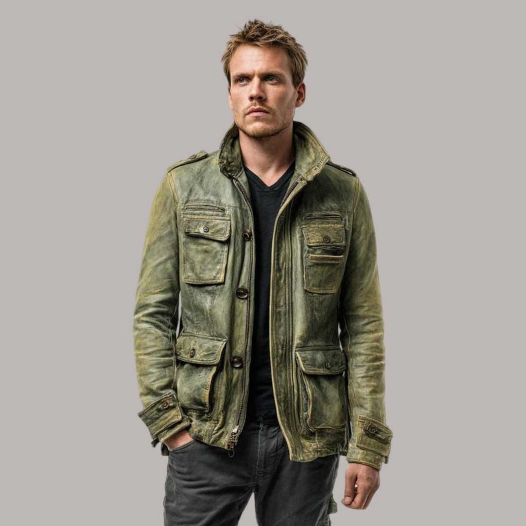 Vintage Distressed Green Leather Biker Jacket for Men