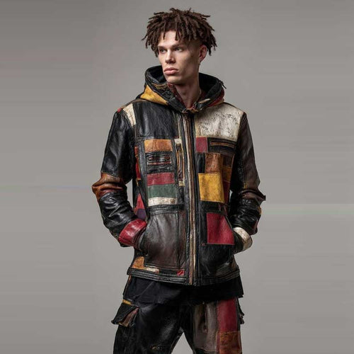 Vintage Patchwork Leather Hoodie Multicolor Retro Jacket