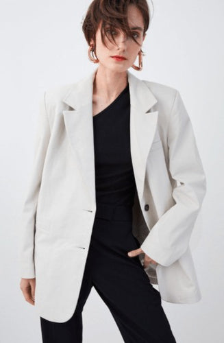 White Leather Blazer for Women in Single Breasted