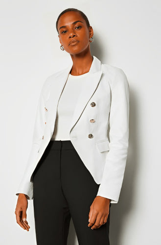 White Leather Blazer for Women with Silver Button Closure
