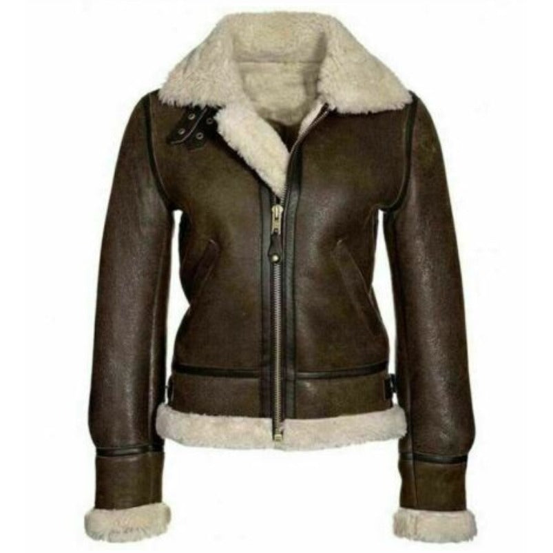 Women Aviator RAF Bomber Fur Shearling Sheepskin Leather Jacket
