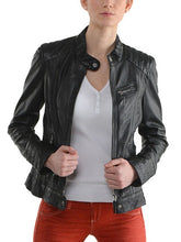 Load image into Gallery viewer, Women Black Cafe Racer Leather Jacket
