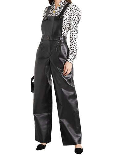 Women Black Lambskin Leather Overall Romper