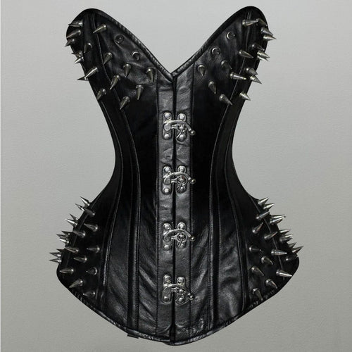 Women Black Leather Overbust Corset with Spikes