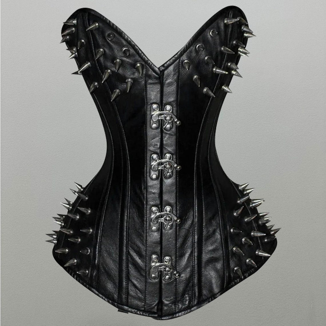 Women Black Leather Overbust Corset with Spikes