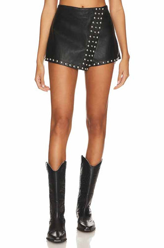Women Black Leather Studded Mini Skort
