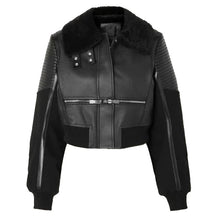 Load image into Gallery viewer, Women Black Shearling Aviator Leather Jacket
