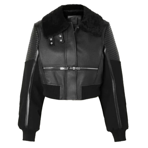 Women Black Shearling Aviator Leather Jacket
