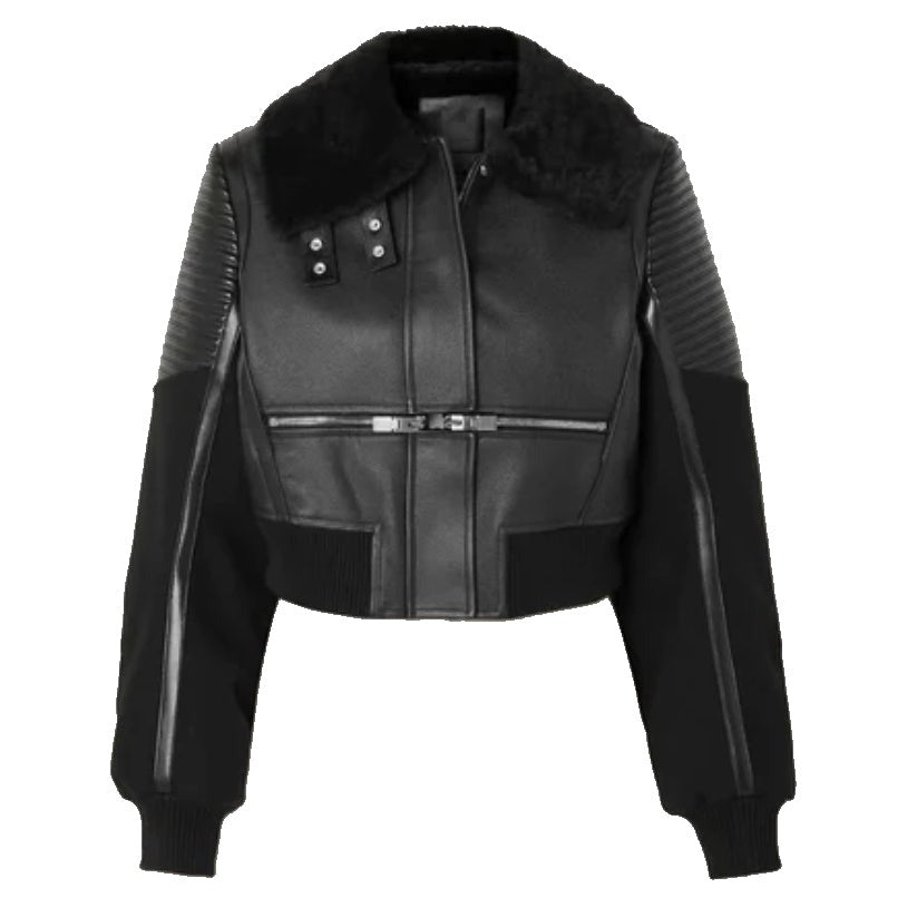 Women Black Shearling Aviator Leather Jacket