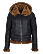 Load image into Gallery viewer, Women Black Shearling Bomber Leather Jacket With Removable Hood
