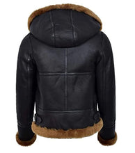 Load image into Gallery viewer, Women Black Shearling Bomber Leather Jacket With Removable Hood
