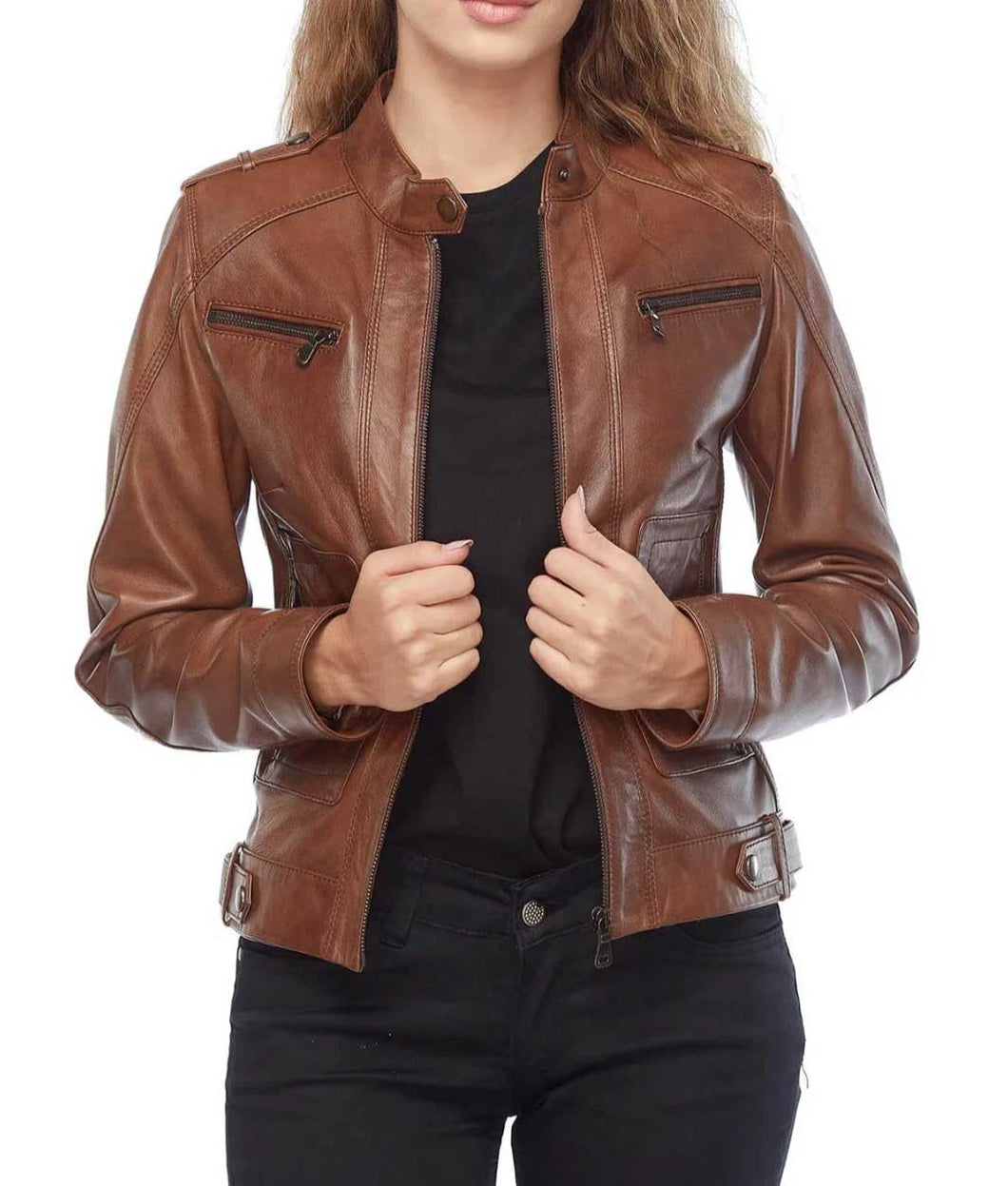 Women Brown Pure Lambskin Leather Biker Moto Jacket