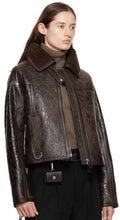 Load image into Gallery viewer, Women Dark Brown Shearling Distressed Leather Jacket
