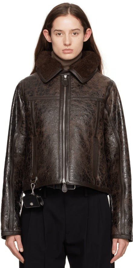 Women Dark Brown Shearling Distressed Leather Jacket