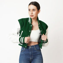 Load image into Gallery viewer, Women Green Leather Bomber Varsity Jacket
