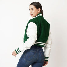 Load image into Gallery viewer, Women Green Leather Bomber Varsity Jacket
