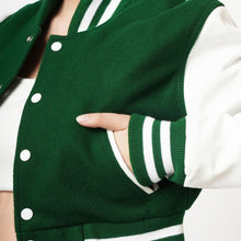 Load image into Gallery viewer, Women Green Leather Bomber Varsity Jacket
