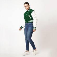 Load image into Gallery viewer, Women Green Leather Bomber Varsity Jacket
