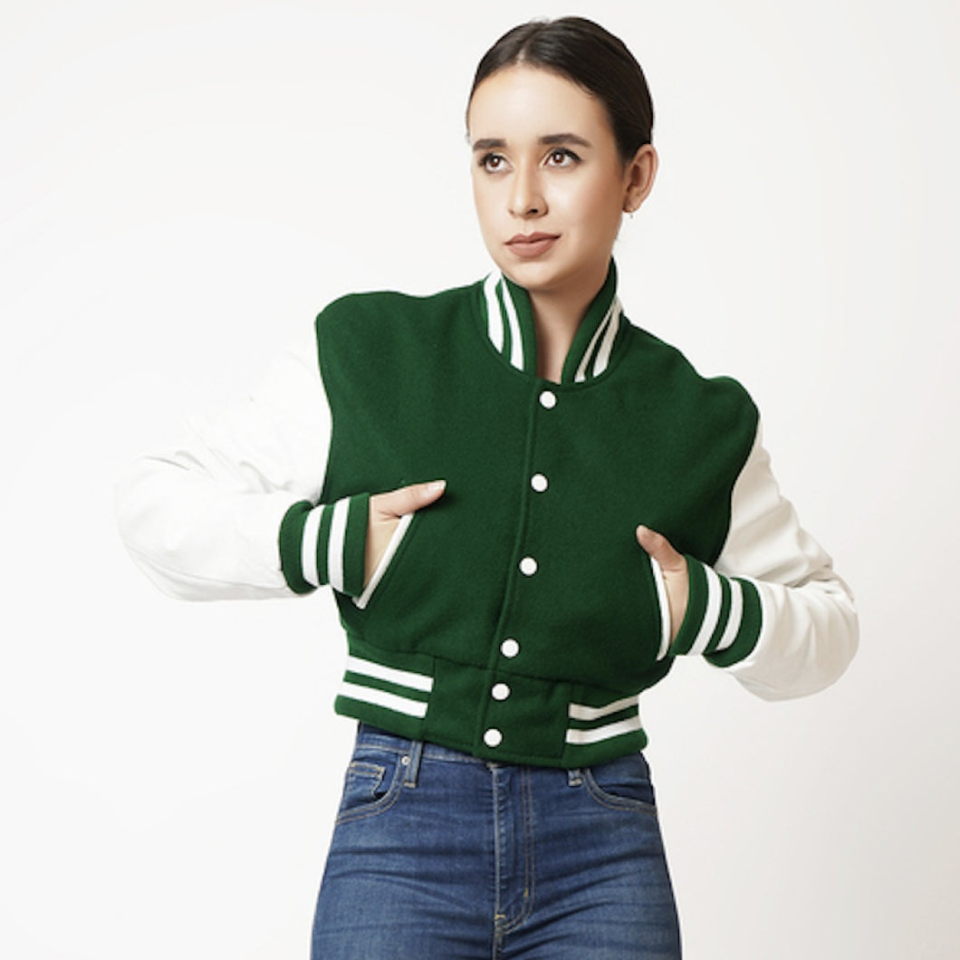 Women Green Leather Bomber Varsity Jacket