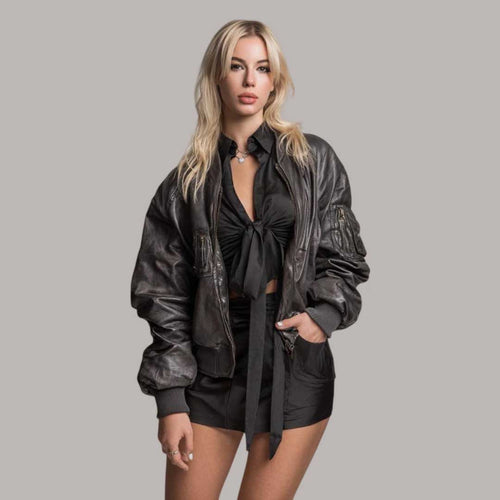 Women Grey Oversized Leather Bomber Jacket