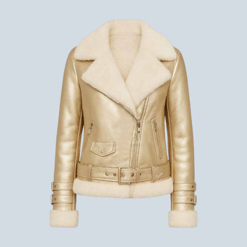 Women Metallic Gold Leather Shearling Aviator Jacket