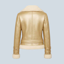 Load image into Gallery viewer, Women Metallic Gold Leather Shearling Aviator Jacket
