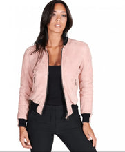 Load image into Gallery viewer, Women Pink Suede Bomber Leather Jacket
