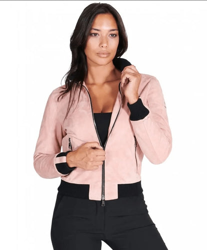 Women Pink Suede Bomber Leather Jacket