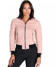 Load image into Gallery viewer, Women Pink Suede Bomber Leather Jacket
