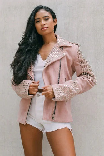 Women Pink Suede Studded Leather Jacket