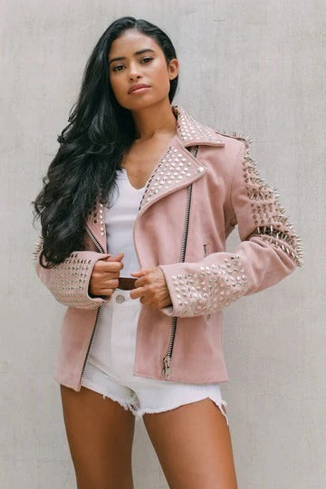 Women Pink Suede Studded Leather Jacket