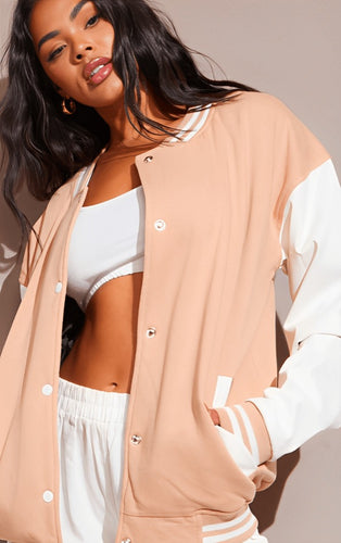 Women Pink Varsity Leather Bomber Jacket