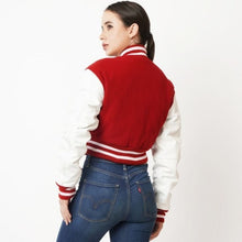 Load image into Gallery viewer, Women Red Bomber Varsity Leather Jacket
