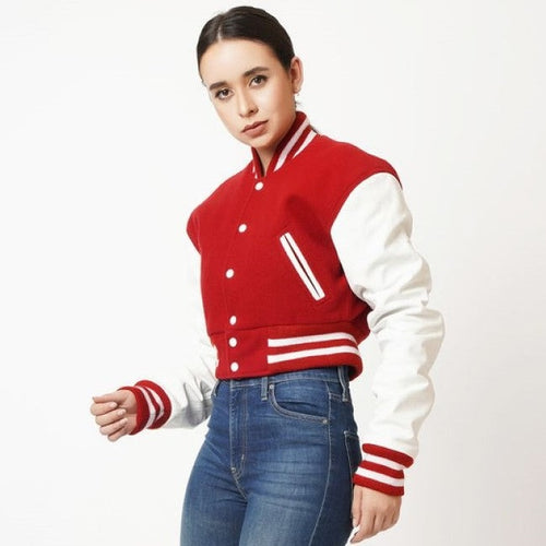 Women Red Bomber Varsity Leather Jacket