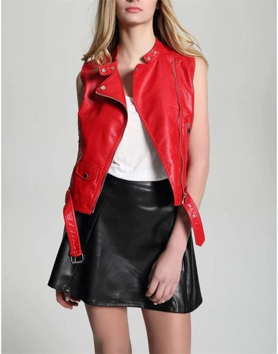 Women Red Leather Biker Vest