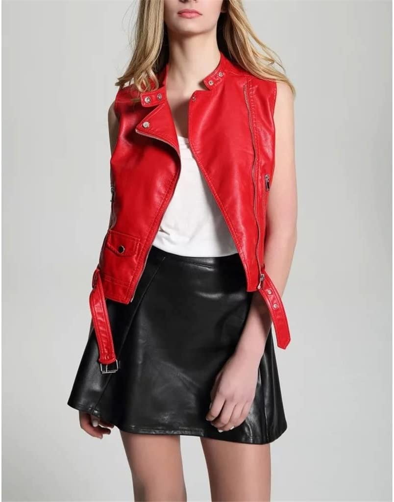 Women Red Leather Biker Vest