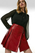Load image into Gallery viewer, Women Red Leather Buckle Kilt Skirt
