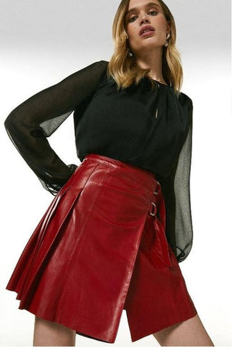 Women Red Leather Buckle Kilt Skirt