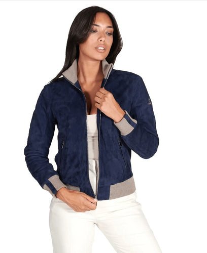 Women Royal Blue Suede Bomber Leather Jacket