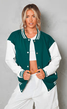 Load image into Gallery viewer, Women Sea Green Varsity Leather Bomber Jacket
